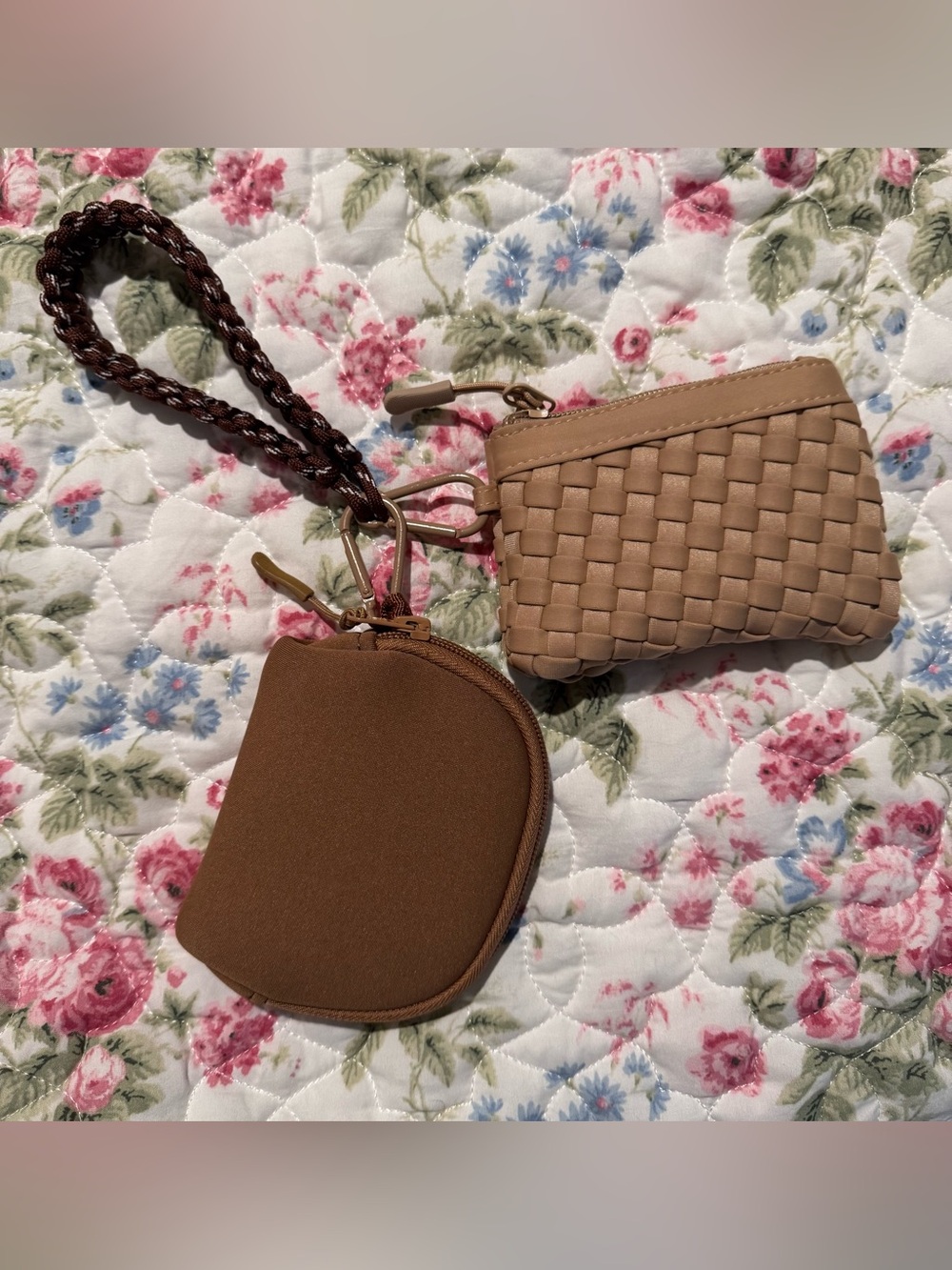 Brown Woven Wristlet Keychain Pouch Set
